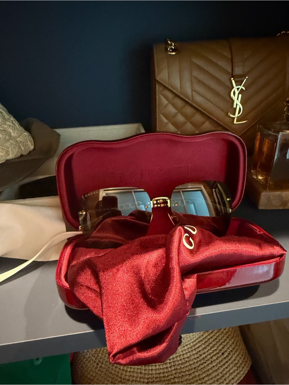 Gucci Red Velvet Sunglasses Case with Gold-Trimmed Shades